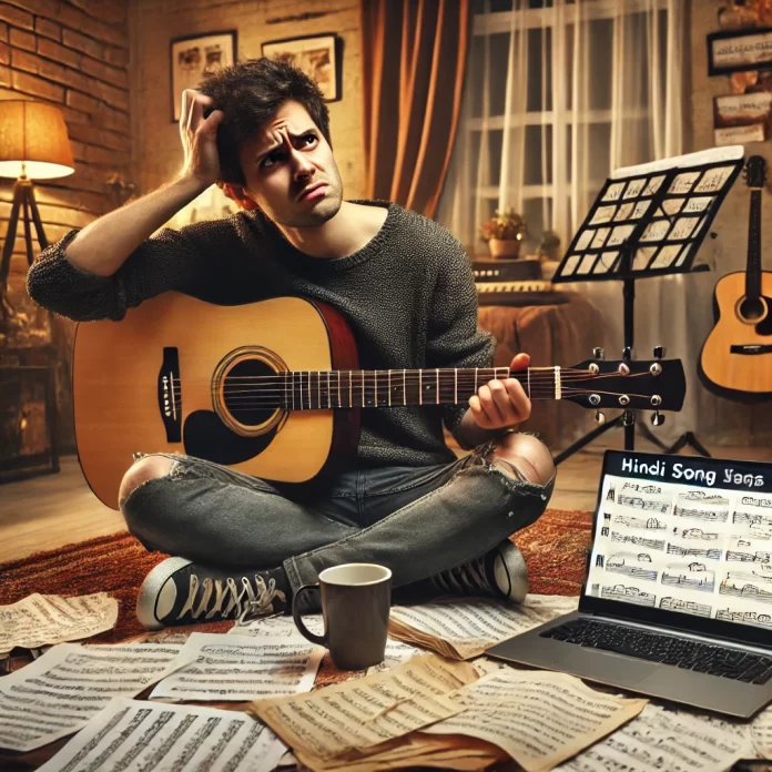 DALL·E 2024-11-22 20.58.58 - A frustrated guitarist sitting with an acoustic guitar, surrounded by scattered sheet music and a laptop showing Hindi song tabs, in a cozy room with